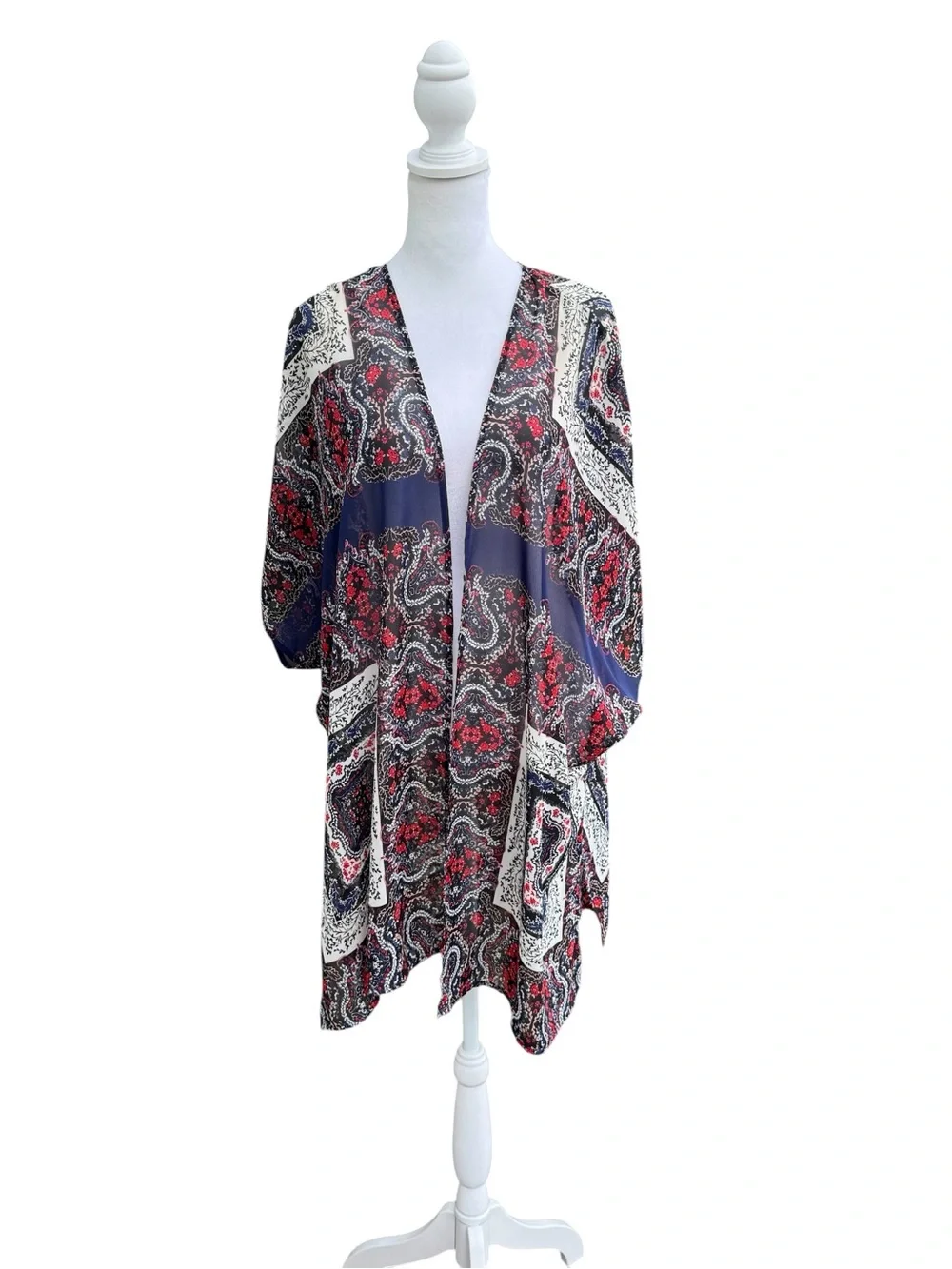 Maurice’s Boho Paisley Open Front Kimono Navy Red & Cream Layering Romantic L/XL